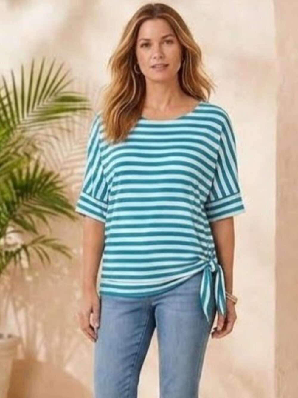 Chico's Size 2/12-L Teal Striped Short Sleeve Pullover Side Tie Round Neck Top
